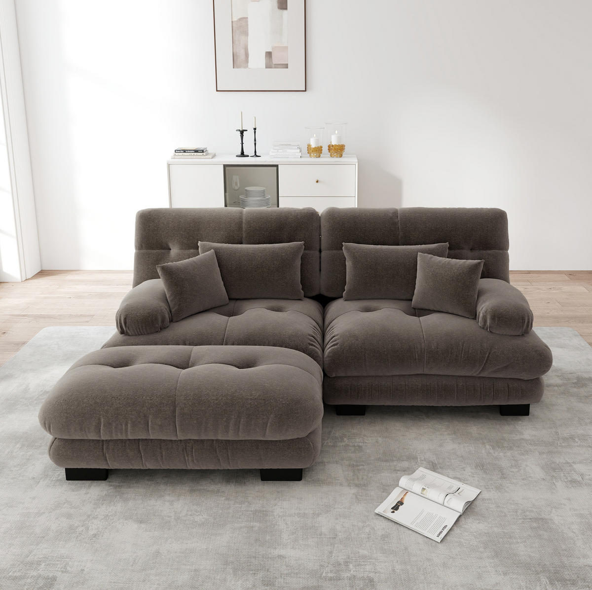 ECKSOFA 220/145/81 cm braun aus Chenille mit modularer Ottomane und Kissen - Braun, Textil (145/220cm) - OKWISH