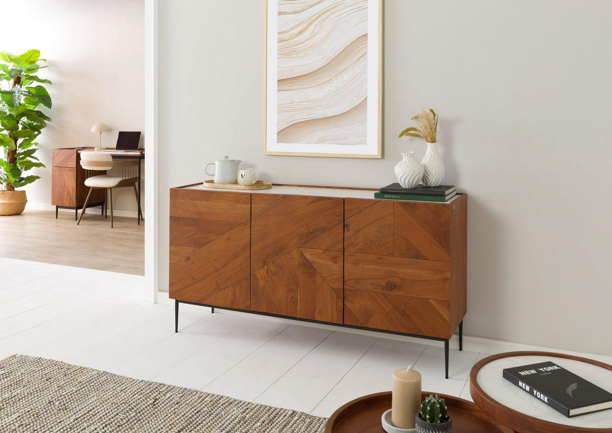 SIDEBOARD Akazie 147x40x76 natur lackiert / Marmor weiß KARLSTAD #15 - Braun, Holz (147/76/40cm) - Massivmoebel24