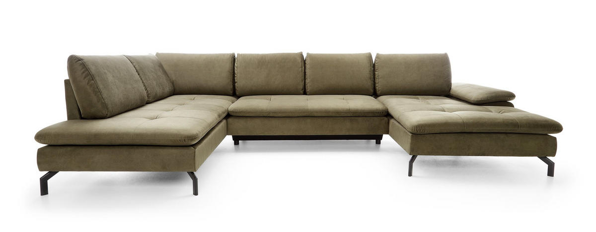 WOHNLANDSCHAFT VOLO Grün Plüsch-Stoff mit Schlaffunktion - Grün, Holz (347/82/205cm) - MASSENO