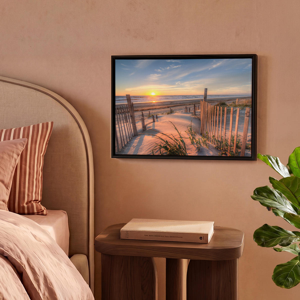LEINWAND Bilder mit Rahmen - Strand - Meer - Düne - Sonnenuntergang - Landschaft - 40x30 - Beige, Textil (40/30cm) - MuchoWow