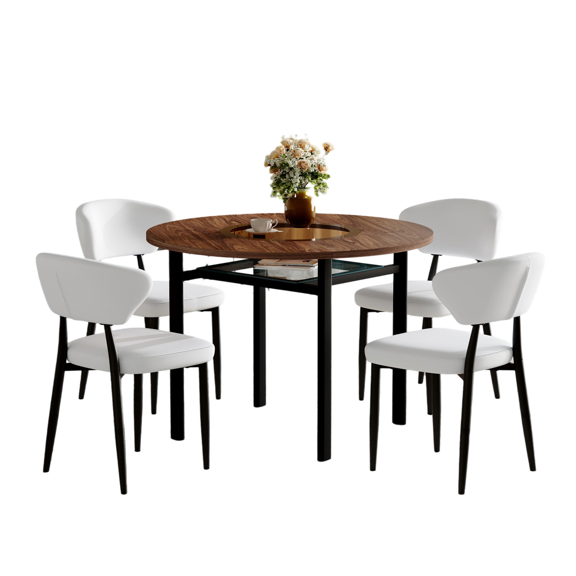 ESSGRUPPE DE-39356 5-teilig, mit 4 PU-Sesseln und Glasintarsie Braun/Weiß - Weiß, Metall (100/76/100cm) - ComfortXL