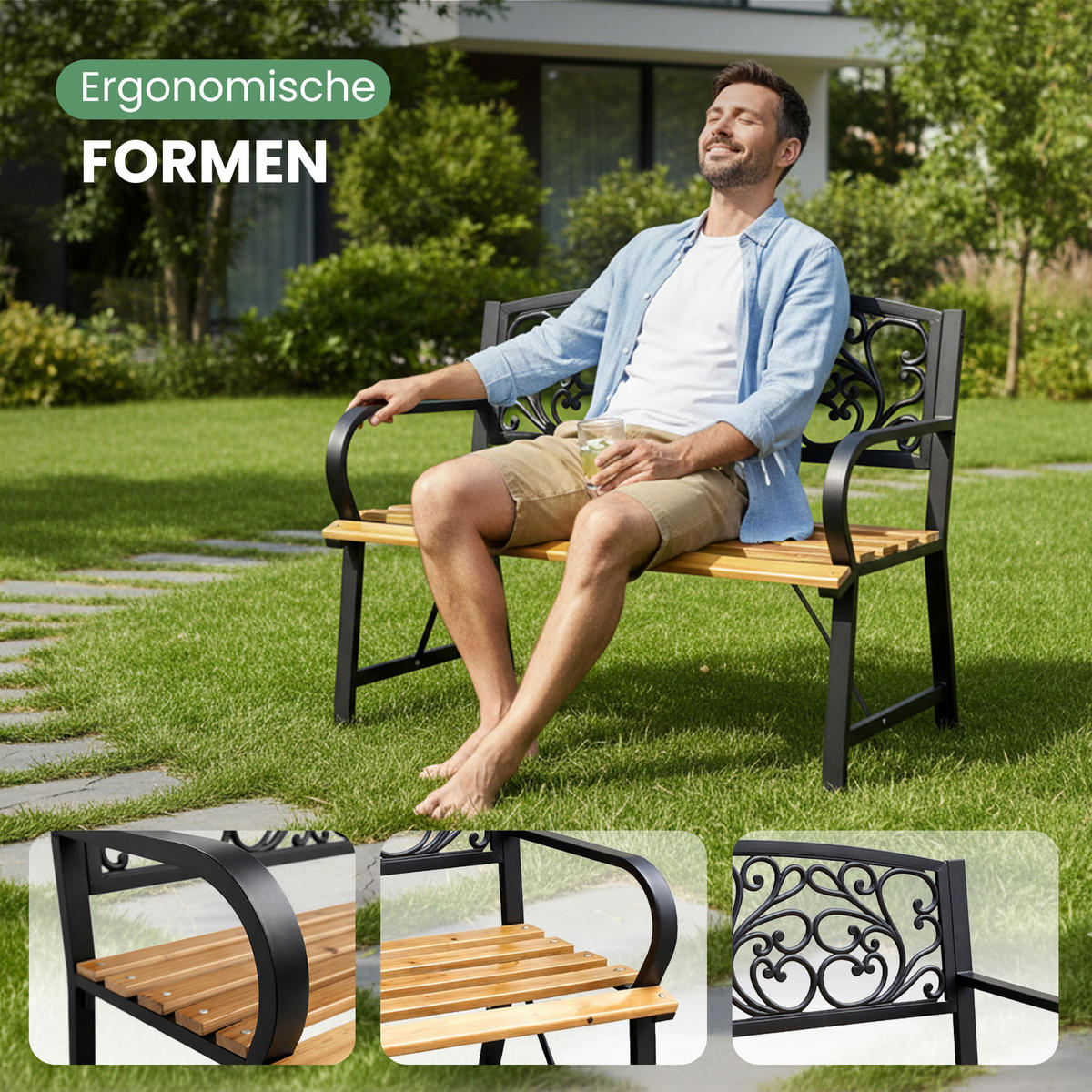 GARTENBANK NERINA Schwarz 118 x 87 x 51,5 cm - Schwarz/Braun, Holz/Metall (118/87/51.5cm) - Akord