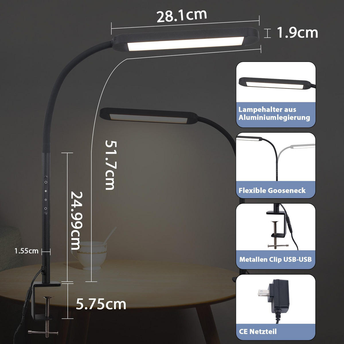 ROZMĚRY LED stolní lampy 56,5/51,5/1,9 cm - černá, kov (56.5/51.5/1.9cm) - Nettlife