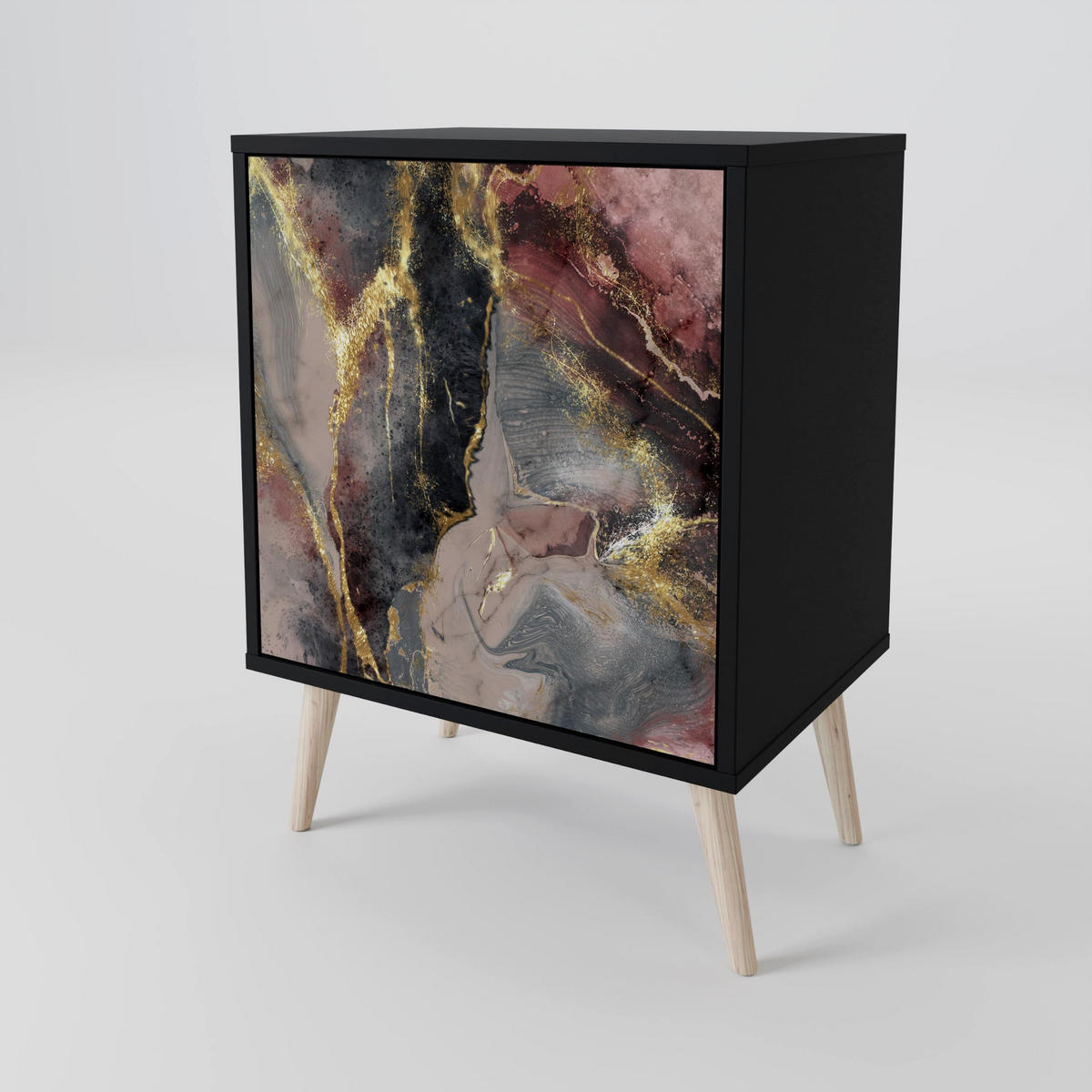 SIDEBOARD GOLDEN TIDES, Schwarz, 57,5x42x75,5 cm, Goldfarbene Metallfüße - Goldfarben/Multicolor, Holzwerkstoff/Metall (57.5/75.5/42cm) - SpaceRebels