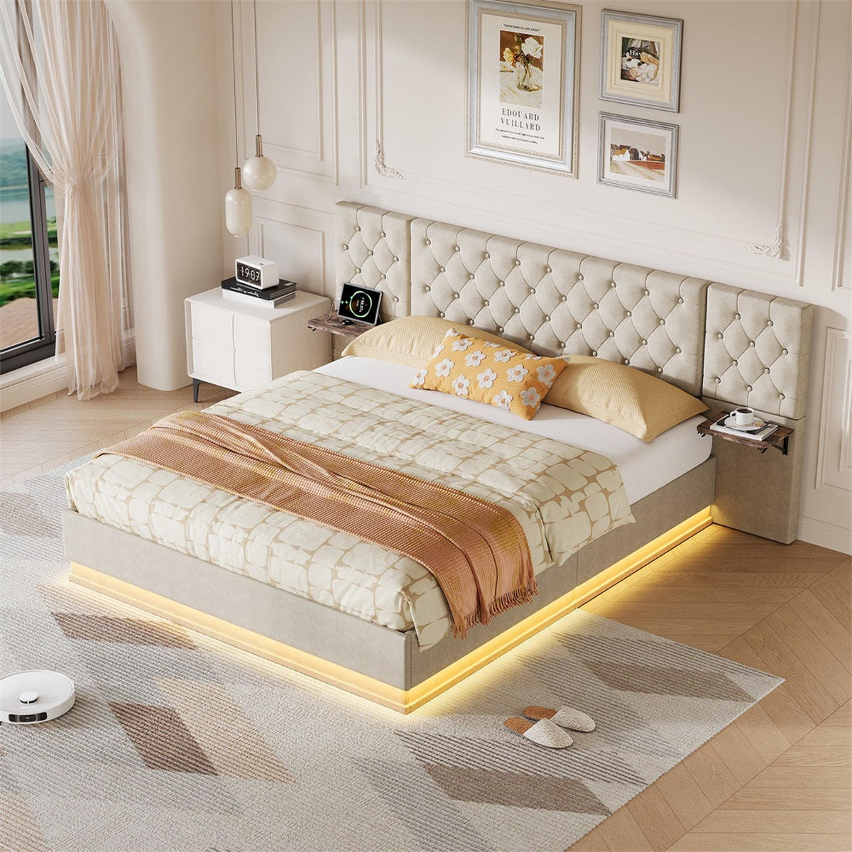 POLSTERBETT 160x200cm mit USB- & Type-C Ladeanschluss -Hydraulik-Stauraum und LED-Beleuchtung - Beige - Beige, Textil (160/200cm) - DELFA