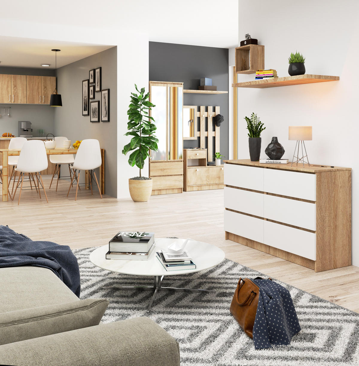 KOMMODE Sonoma Eiche, Weiß 120x40x77 cm - Weiß/Sonoma Eiche, Holzwerkstoff (120/77/40cm) - Akord