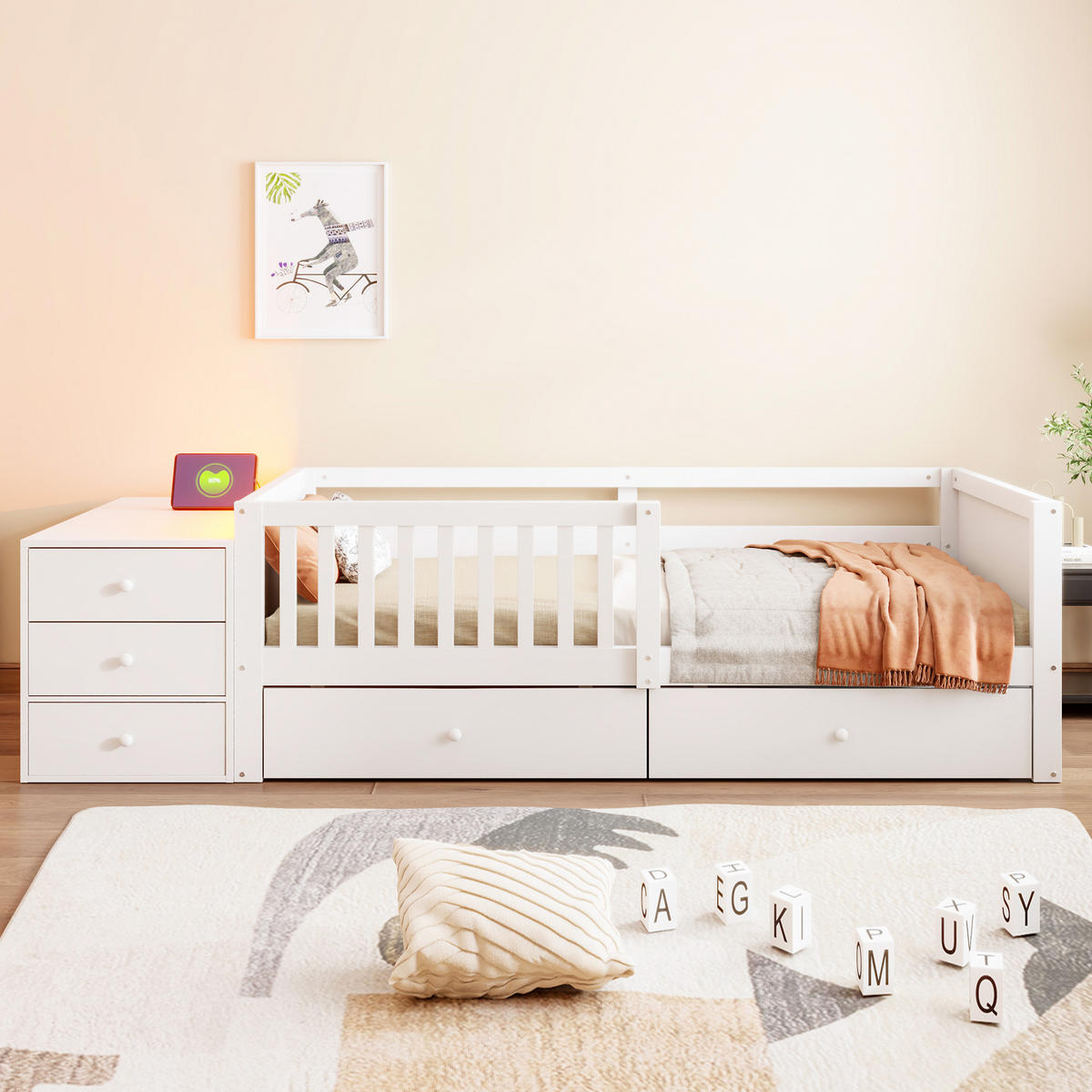KINDERBETT 90/200 cm in Weiß mit 2 Schubladen, Regalen, Klapptür, Steckdose und LED aus Holz - Weiß, Holzwerkstoff (90/200cm) - STILVORA
