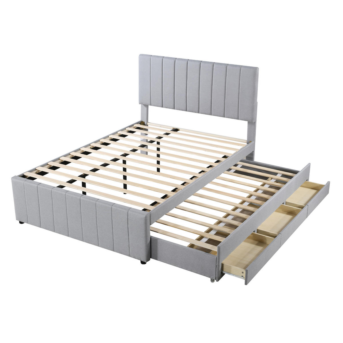 POLSTERBETT 140/200 cm grau mit Ausziehbett und Schubladen - Grau, Textil (140/200cm) - OKWISH