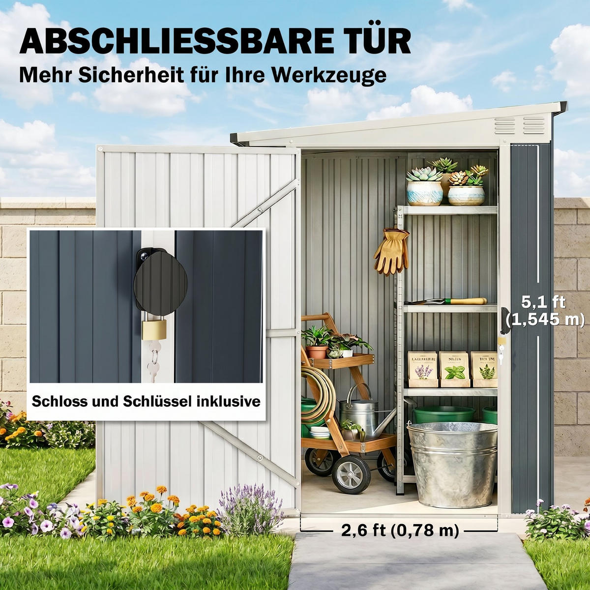 GARTENLAGERSCHUPPEN DE-08073 mit Fenster & Lüftung, abschließbar Dunkelgrau - Dunkelgrau, Metall (128/181/231cm) - ComfortXL