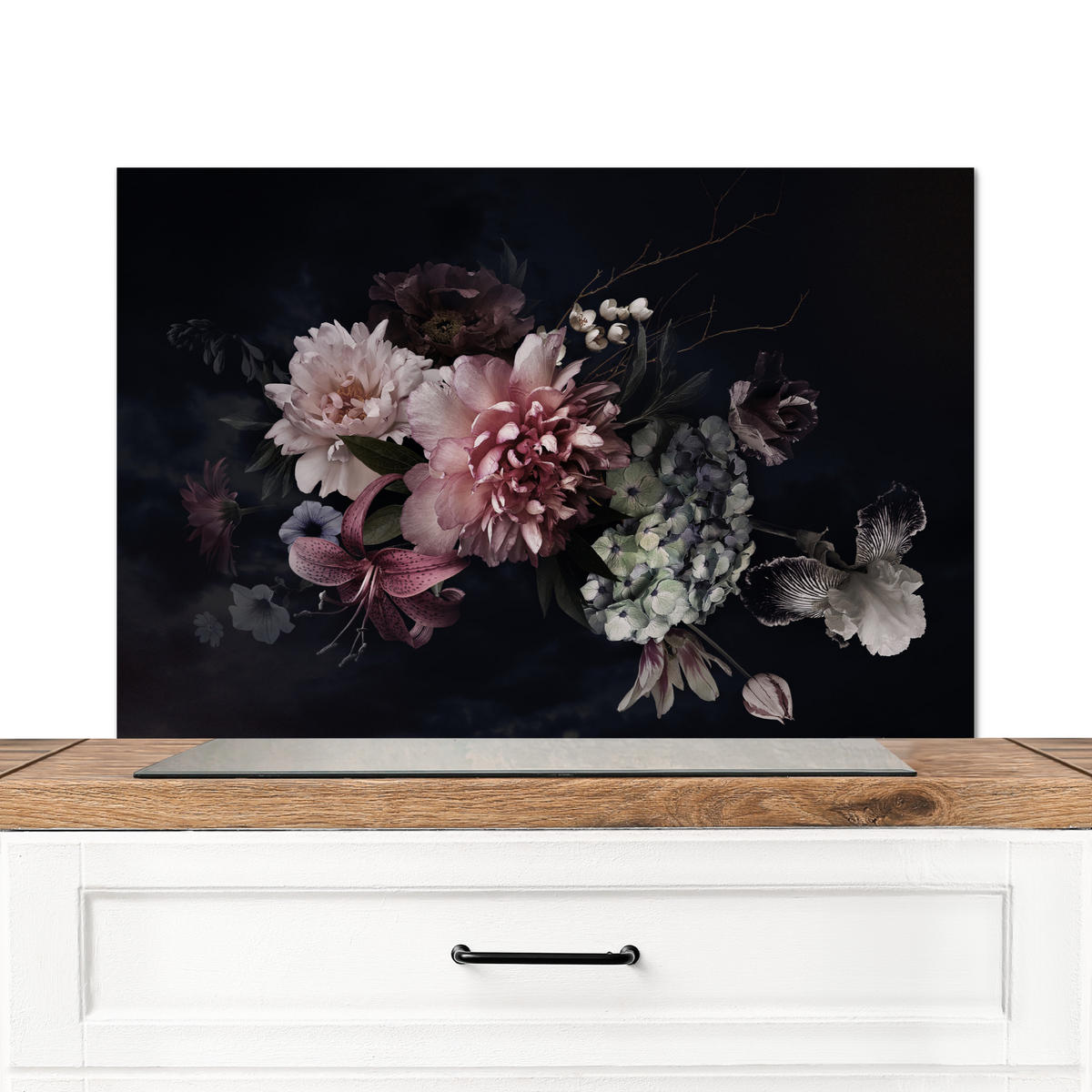 SPRITZSCHUTZ KÜCHE Blumen - Vintage - Pastell - Rosa - Weiß 90x60 cm - Altrosa, Metall (90/0.3/60cm) - MuchoWow