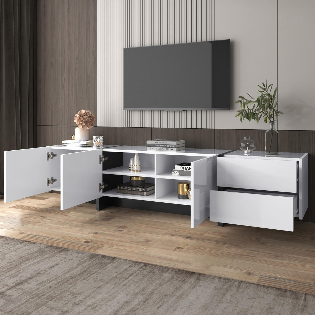 TV-SCHRANK in Weiß Hochglanz mit schwarzen Füßen, 3 Türen und 2 Schubladen 190/35/45 cm - Weiß, Holzwerkstoff (190/45/35cm) - Redom