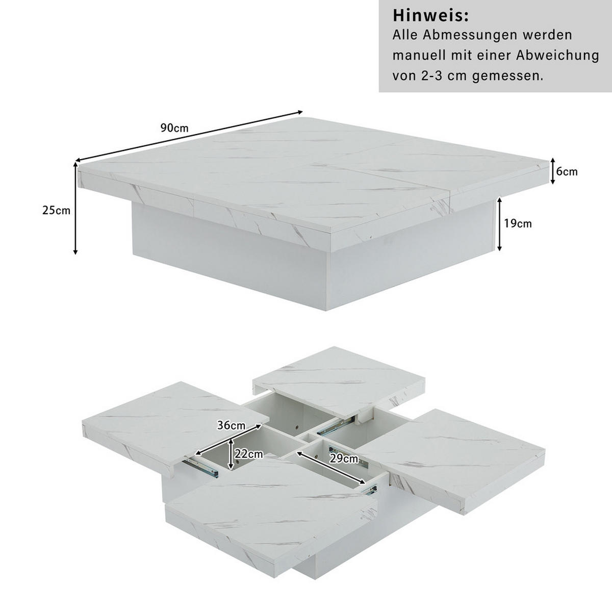 COUCHTISCH Moderner quadratischer mit Marmoroptik und Schubladen - Weiß, Holz (80.01/57.48/25cm) - FLIEKS