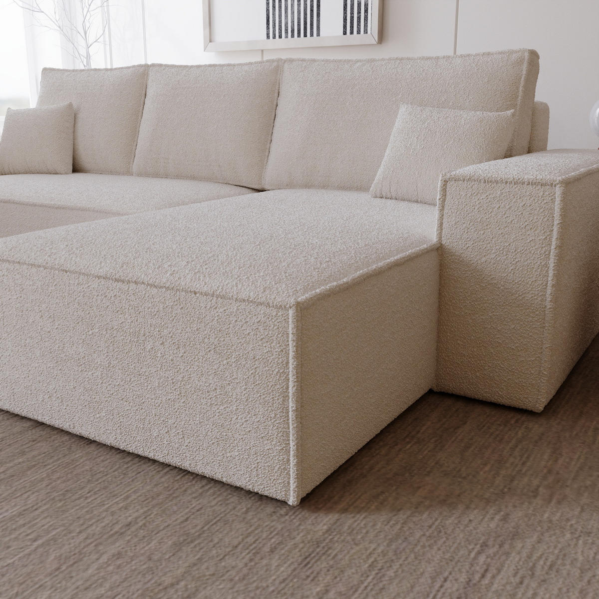 ECKSOFA Bouclé 280 cm Bergamo L mit Bettkasten, Schlaffunktion, Rechts - Creme - Creme, Holz (189/277cm) - Emporius