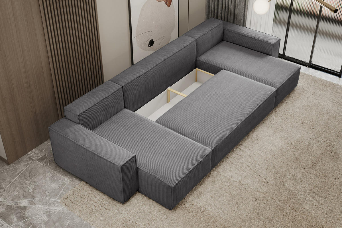 WOHNLANDSCHAFT Hugo U-Form Cordstoff mit Schlaffunktion und Bettkasten - Dunkelgrau, Textil (312/83/142cm) - VENASI MÖBEL