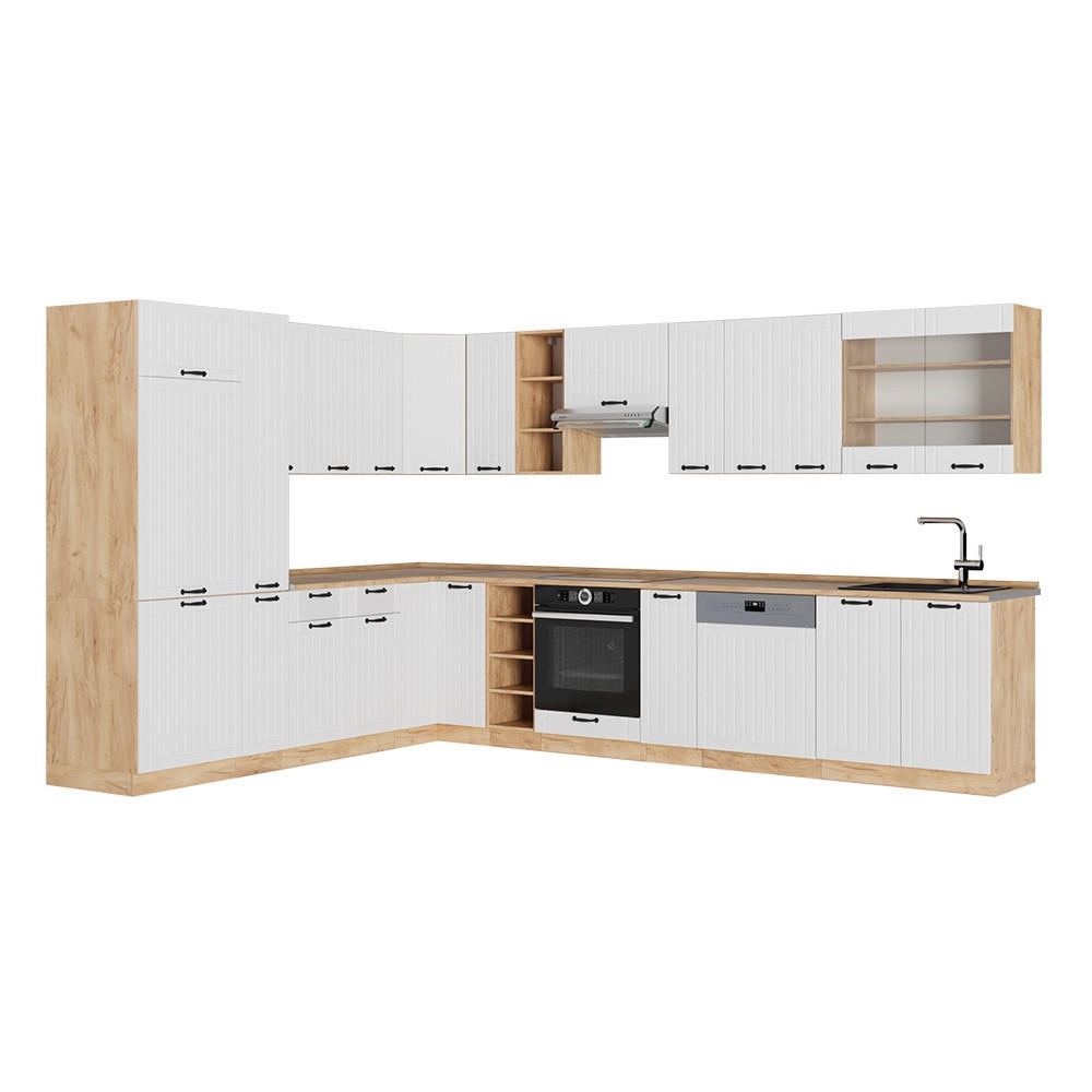 HÖRNKÖK Fame-Line, Vitt hus på landet/Goldkraft ek, 347 x 257 cm utan bänkskiva - Vit/Honungsek, Träbaserade material (347/206.8/51.6cm) - Vicco