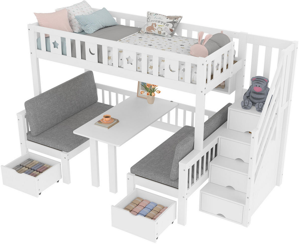 HOCHBETT aus Kiefernholz 90x200 cm in Weiß mit Schreibtisch & Stauraumleiter - Weiß, Holz (90/200cm) - Modfu