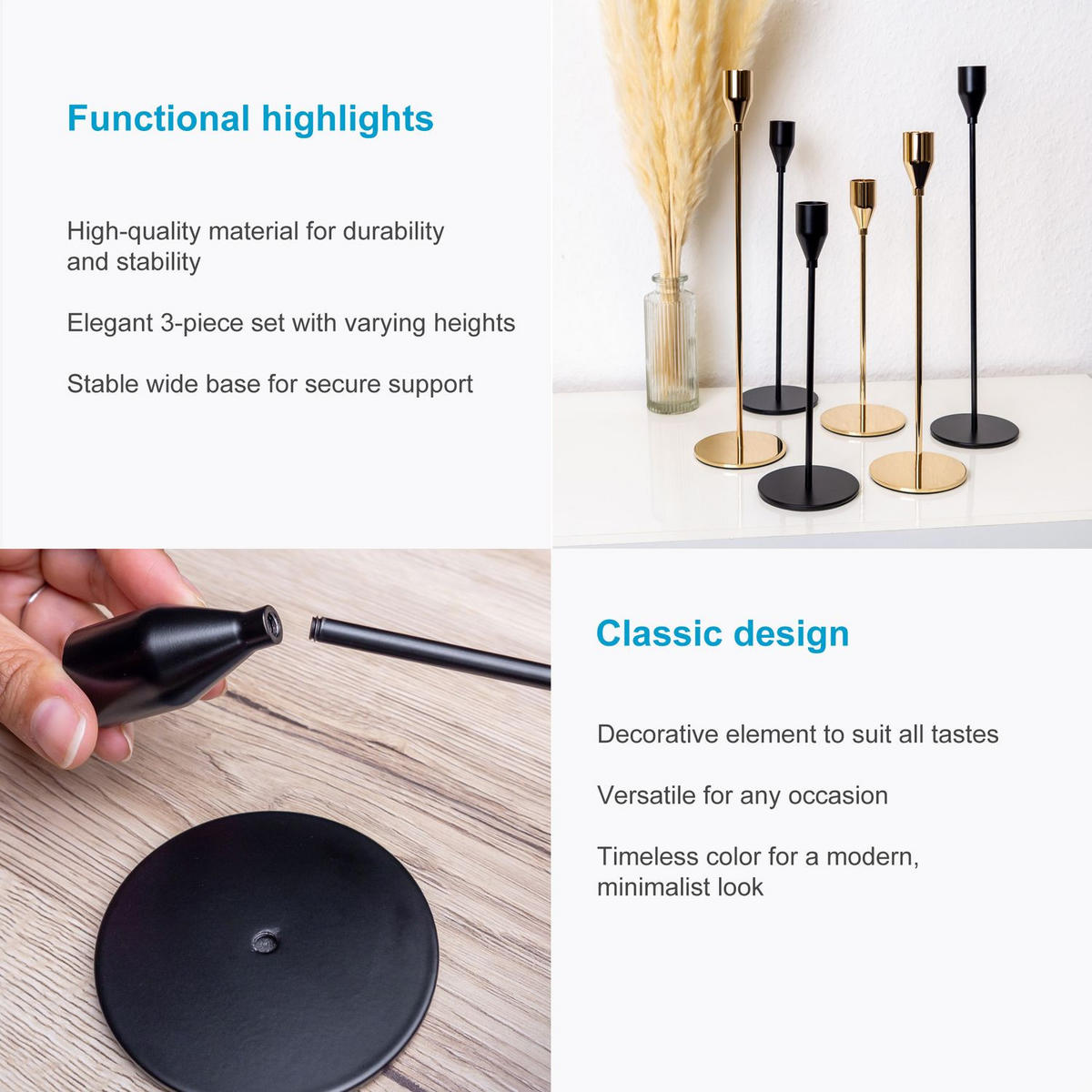 KERZENSTÄNDER 33/28/23 cm (3er-Set) - Schwarz, Metall (8/33/8cm) - Intirilife