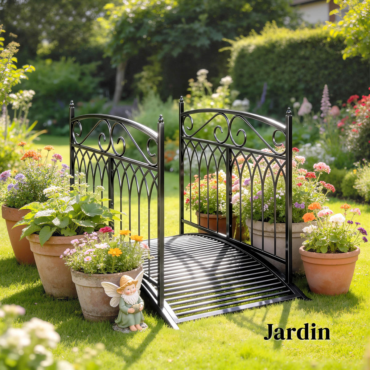 GARTENBRÜCKE DE-18863 Barock-Stil, 91 cm Geländer Schwarz - Schwarz, Metall (135.5/74/91cm) - ComfortXL