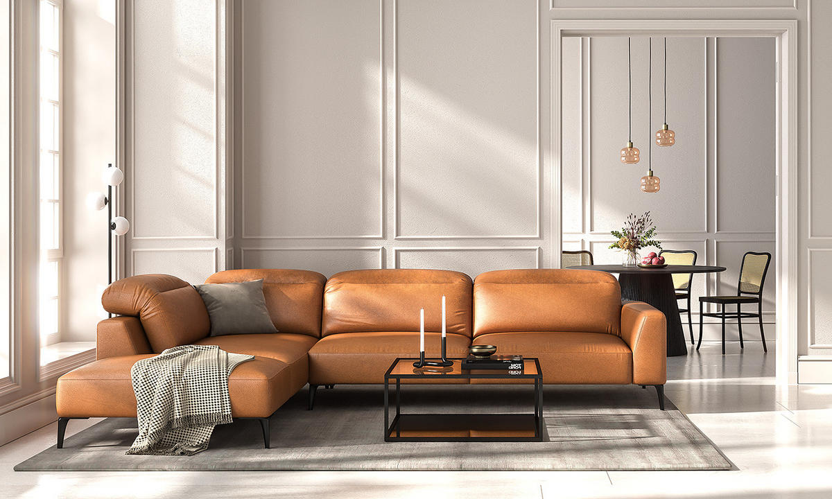 ECKSOFA mit Ottomane - Cognac/Schwarz, Leder/Metall (325/238cm) - home24