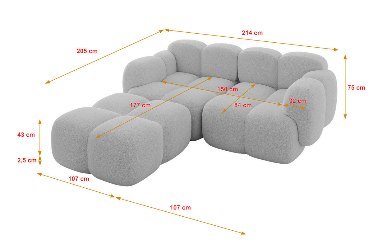 ECKSOFA modulares Sofa Links Miko-L1 214x205x75 Hellgrau Bouclé - Edelstahlfarben/Schwarz, Holzwerkstoff/Kunststoff (214/205cm) - ALTDECOR
