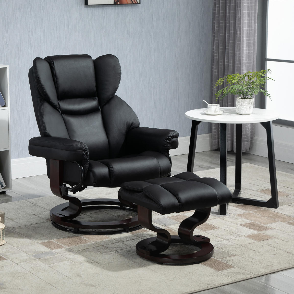 RELAXSESSEL mit Hocker, drehbarer Fernsehsessel, TV-Sessel mit Liegefunktion - Schwarz, Leder/Holz (79/100/80cm) - HOMCOM