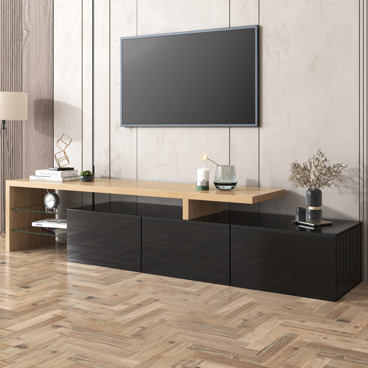 TV-SCHRANK und Glas in Schwarz Hochglanz und Holzoptik mit LED 197.5/39/42 cm - Schwarz, Holzwerkstoff (197.5/42/39cm) - Redom