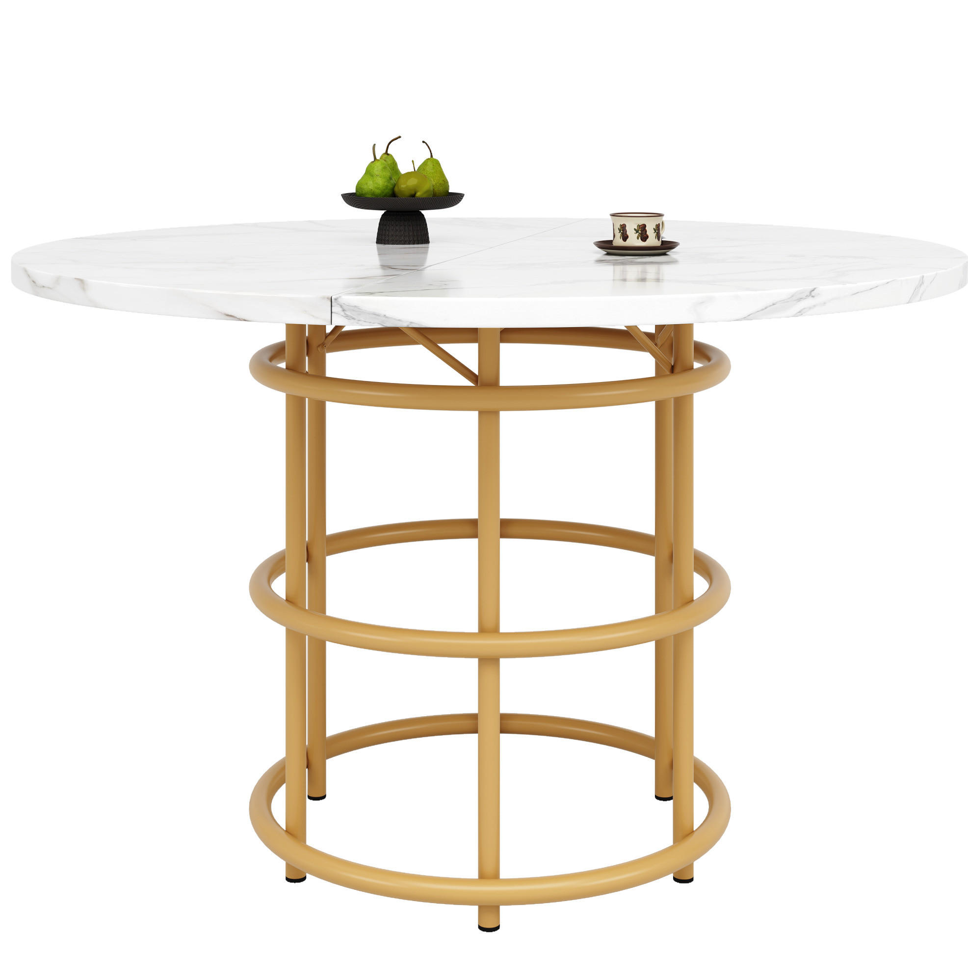 ESSTISCH Runder 100/100/76 cm gold mit Marmorplatte und Metallbeinen - Weiß, Holzwerkstoff (100/100/76cm) - OKWISH
