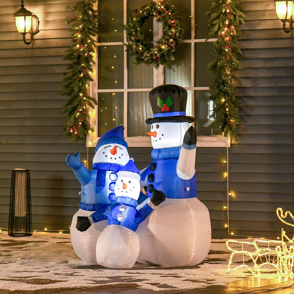 SCHNEEMANN Familie Selbstaufblasbare Dekoration LED mit Gebläse Blau - Multicolor, Kunststoff (55/120/100cm) - HOMCOM