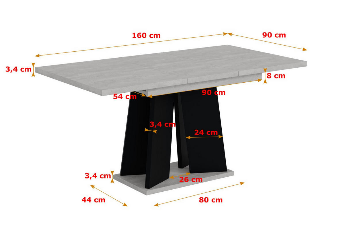 ESSTISCH ausziehbar 120 -160x90x75 cm - Betonoptik K350/Schwarz - UFOM - Schwarz, Holzwerkstoff (120/90/75cm) - ALTDECOR