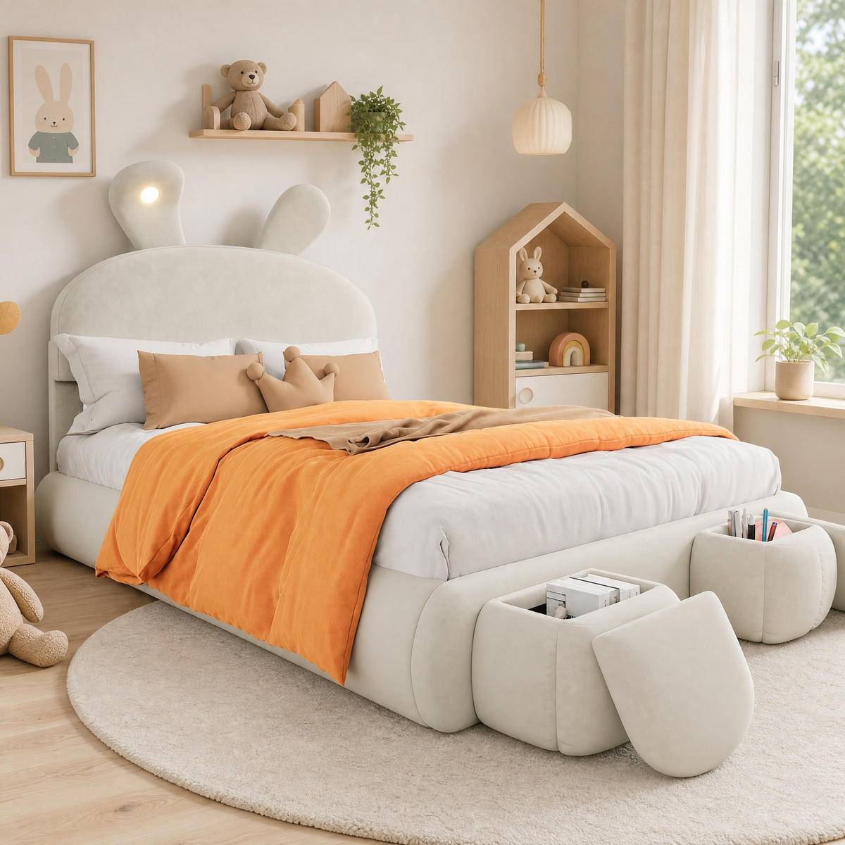 POLSTERBETT 140/200 mit Bettkasten, LED und Aufbewahrungshocker in Beige - Beige, Holzwerkstoff/Textil (140/200cm) - EVRYAE