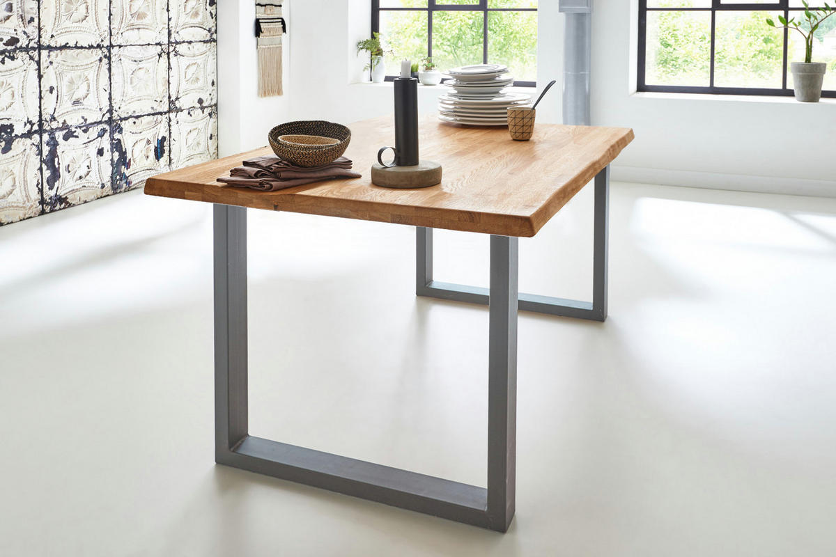ESSTISCH Baumkante massiv Wildeiche silber SESSA 80 cm - Beige/Silberfarben, Holz/Metall (80/80/77cm) - SAM