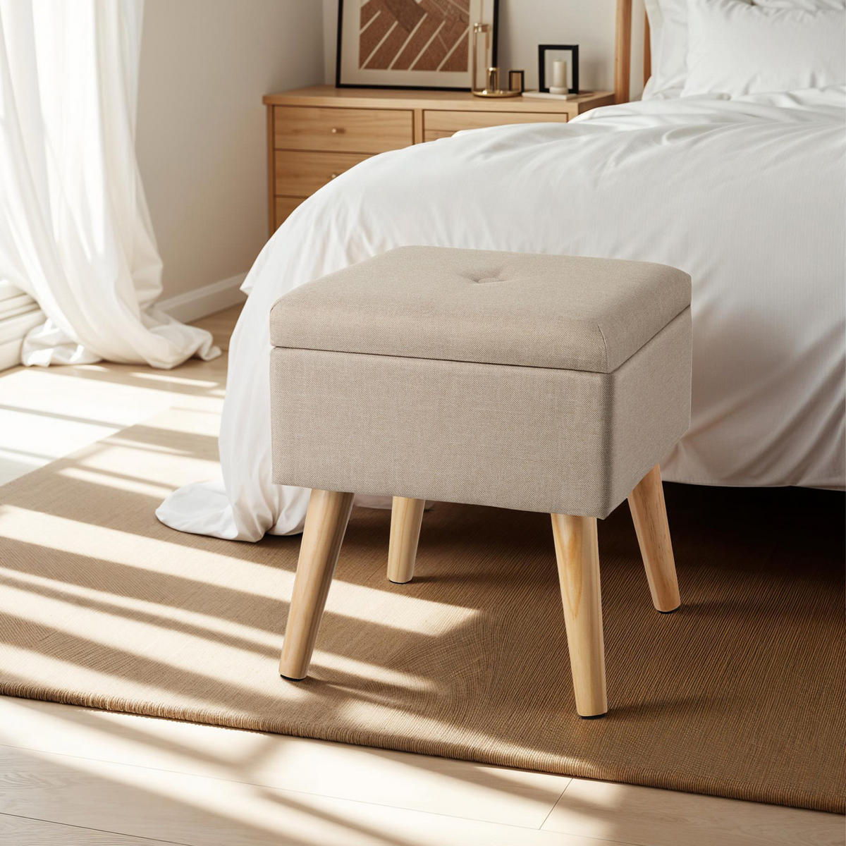 SITZHOCKER mit Stauraum Elva,32,5 x 32,5 x 36,5 cm,Sand - Sandfarben, Holz (32.5/36.5/32.5cm) - tectake