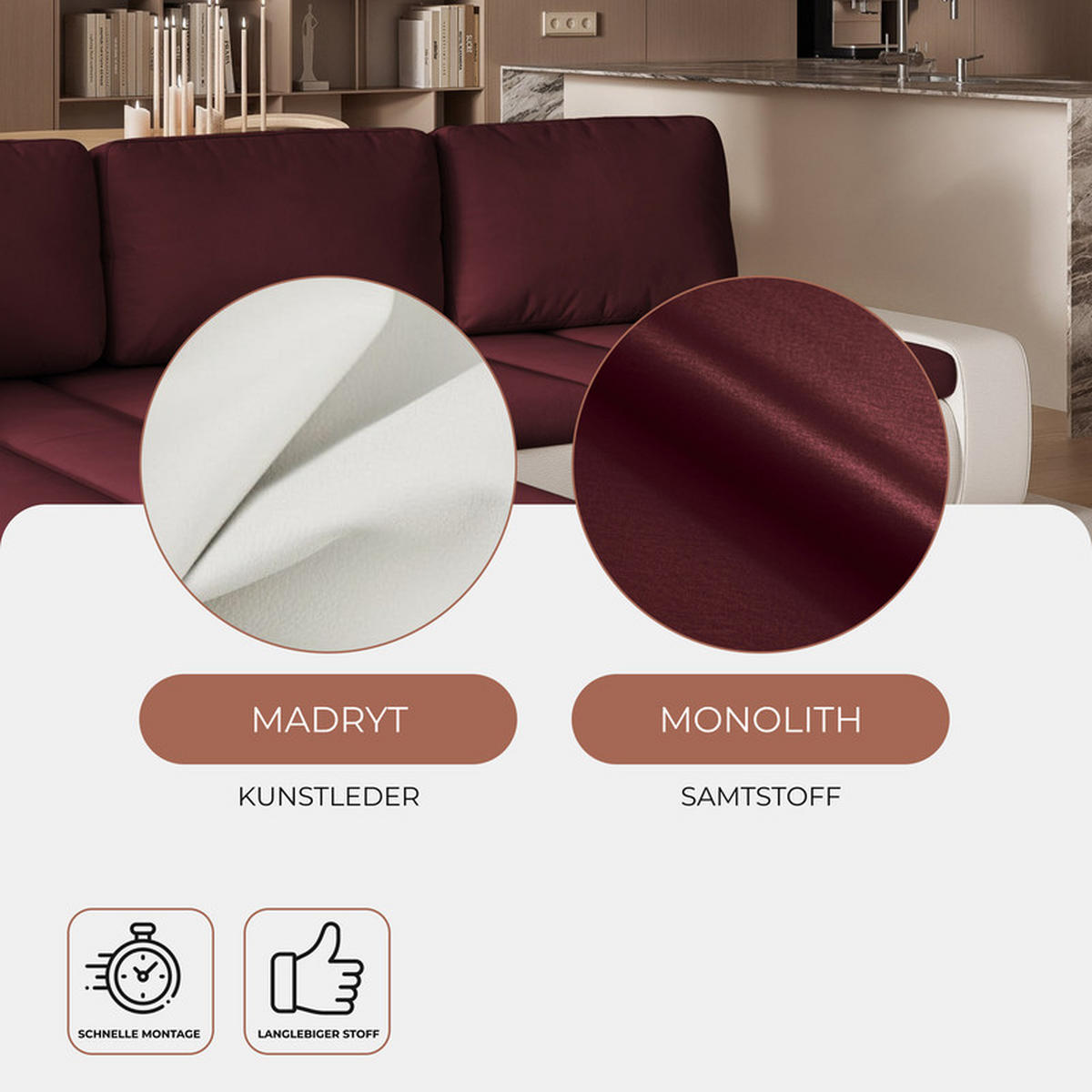 ECKSOFA VELANO mit Schlaffunktion und Bettkasten Creme/Rot - Rot, Holzwerkstoff/Kunststoff (250/90cm) - Idohome