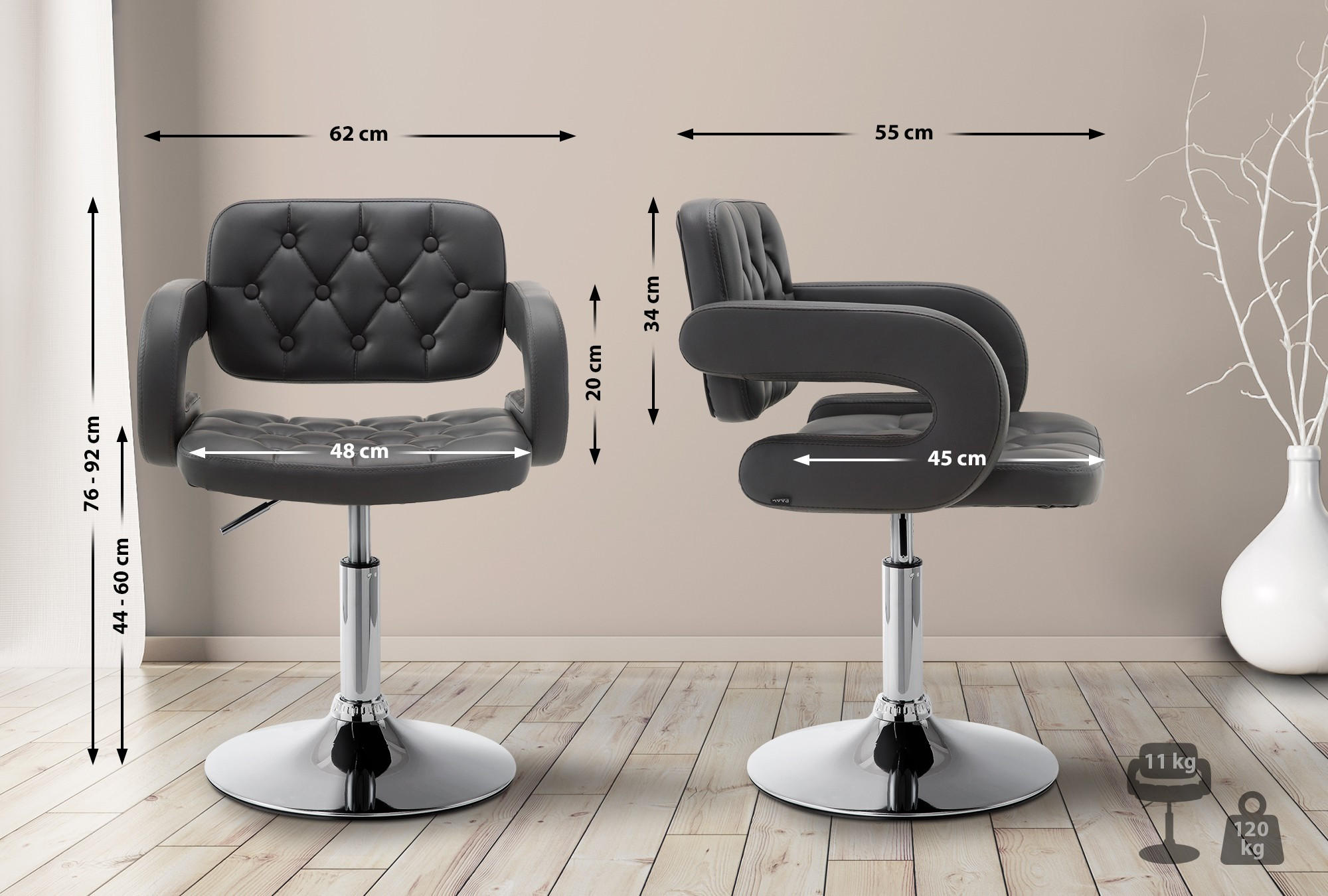 SESSEL Lederlook grau - Chromfarben/Grau, Textil/Metall (62/76/55cm) - CLP