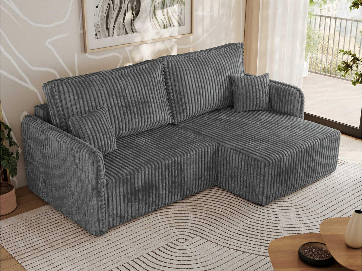ECKSCHLAFSOFA MESTO L Dunkelgrau Cord - rechts - Dunkelgrau/Schwarz, Kunststoff/Textil (147/227cm) - MKS