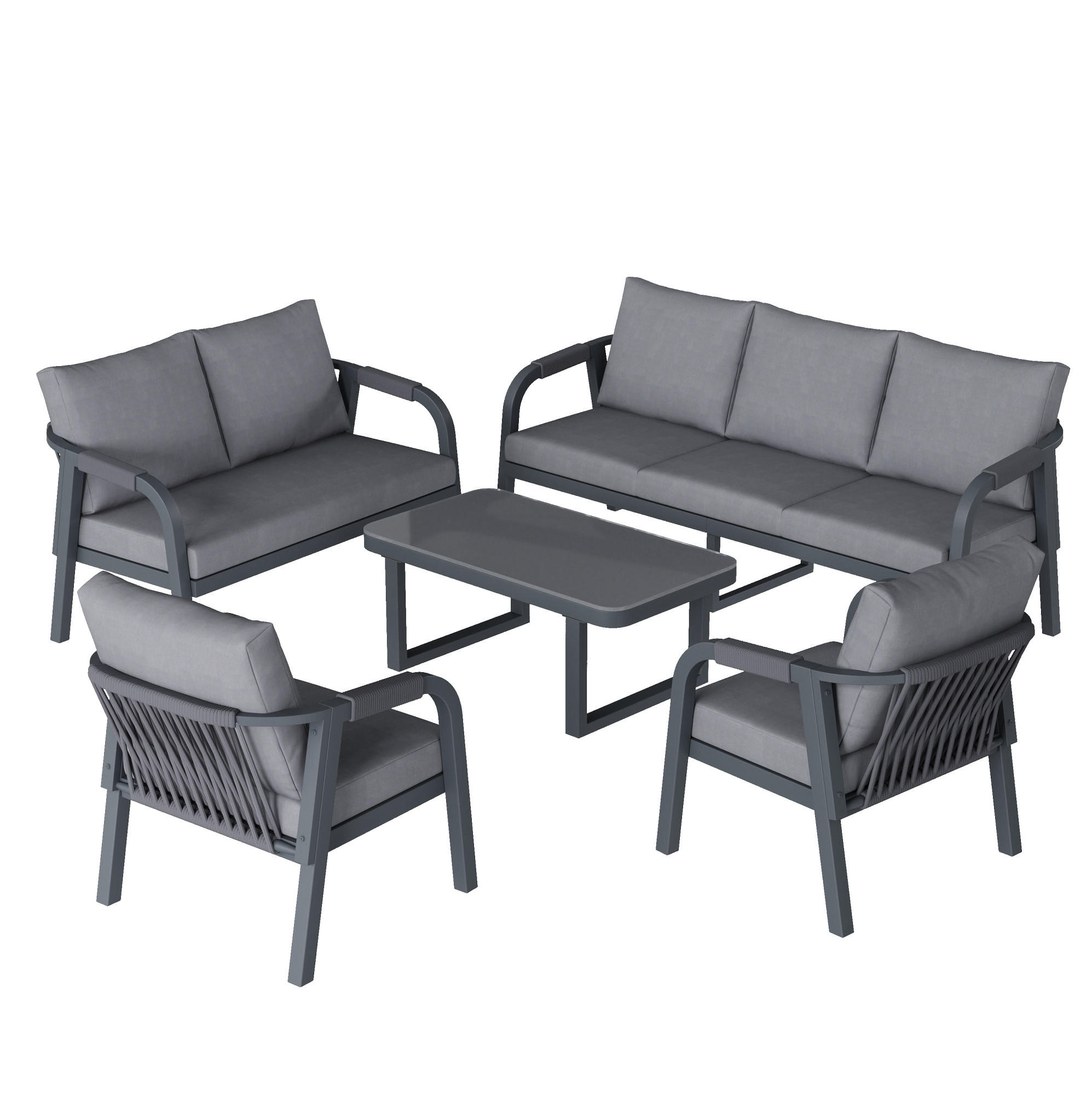 GARTENLOUNGE-SET für 7 Personen mit Glas-Couchtisch und Seilgeflecht, Grau - Grau, Metall - Redom