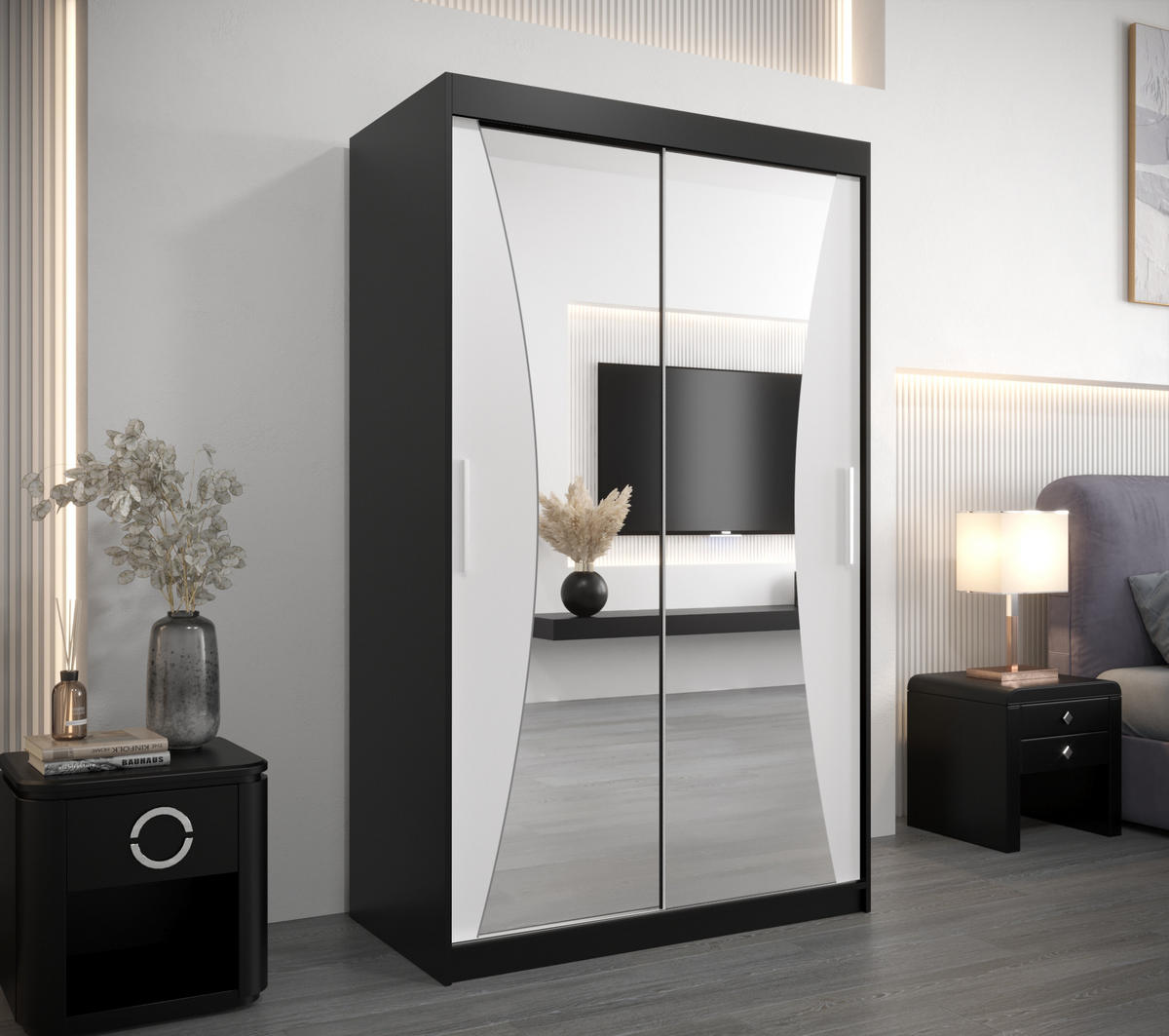 SCHWEBETÜRENSCHRANK 200/120/62 2-türig - Silberfarben/Schwarz, Holz/Kunststoff (120/200/62cm) - Abiks Möbel