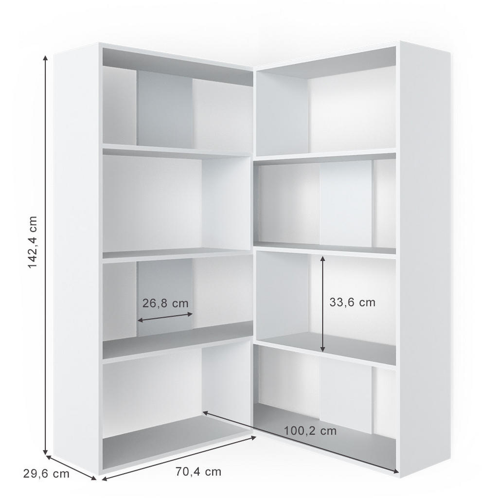 Thumbnail - Vicco Eckregal, Weiß, Weiß, Holzwerkstoff, 8 Fächer, Formgebogen, 170x142.4x29.6 cm, Wohnzimmer, ,