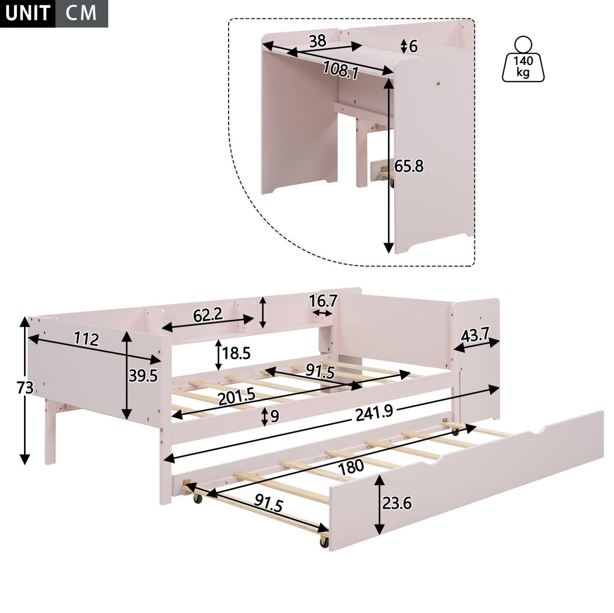 KINDERBETT 90/200 cm aus Kiefer und MDF mit Ausziehbett, Schreibtisch und 3 Regalen Rosa - Rosa, Holz (90/200cm) - Modenvie