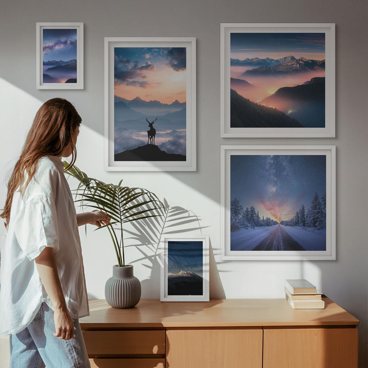 WANDBILDER 5er-Set - 50x50 cm & 20x30 cm & 40x60 cm Weißer Rahmen - Nachthimmel Berge Nebel Hirsch - Weiß, Kunststoff (40/60cm) - ArtPrintCave