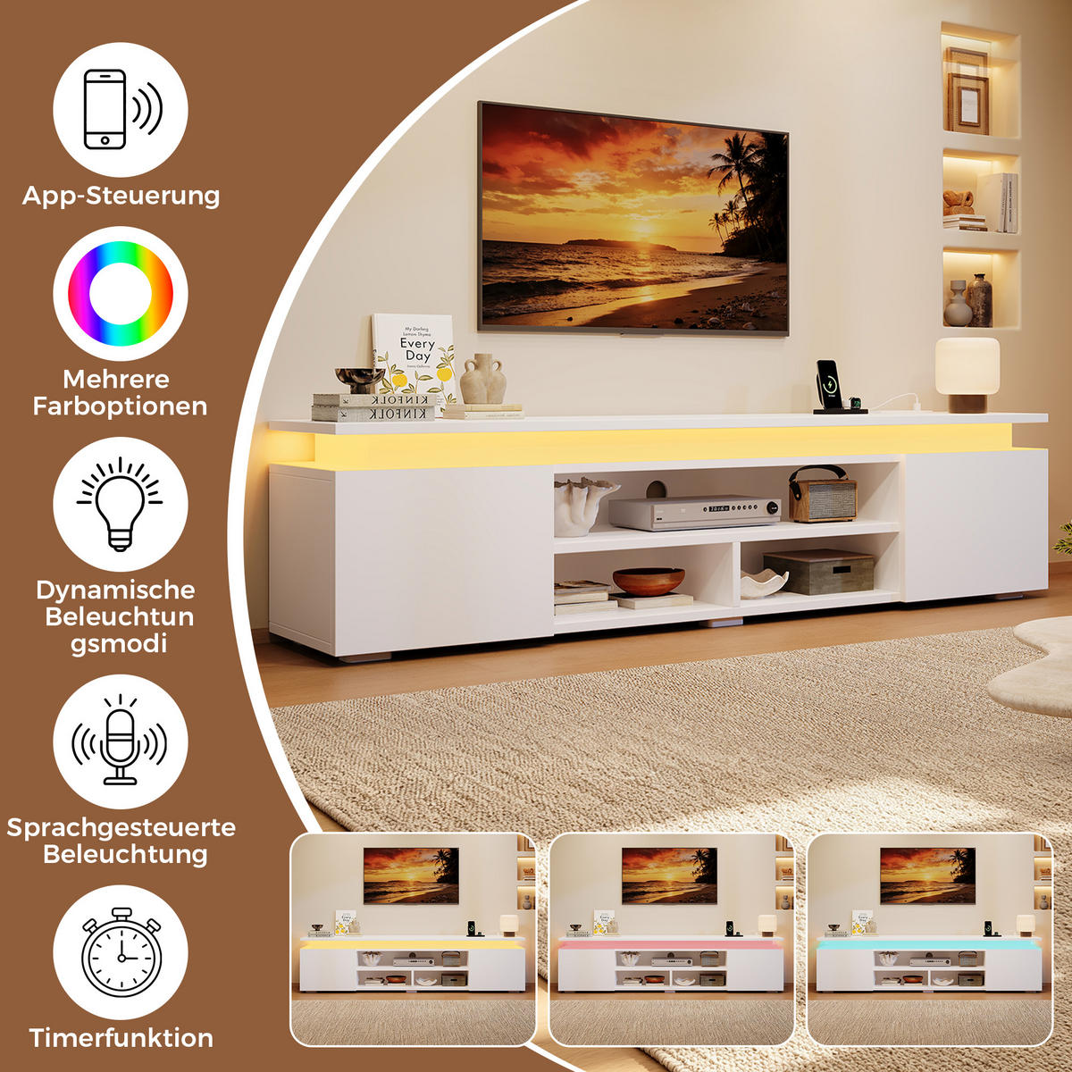 TV niska komoda 180/35/42 cm u bijeloj boji s RGB LED rasvjetom i prostorom za odlaganje - bijela/crna, drvni materijal (180/42/35cm) - CHICFURN