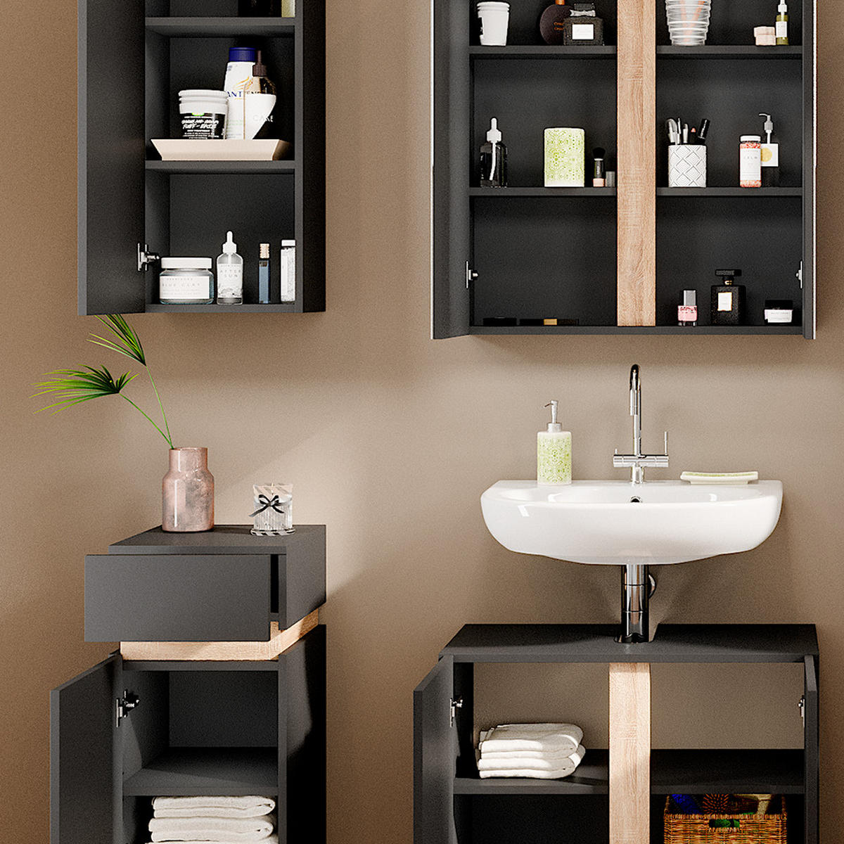 BADMÖBEL-SET Gloria Anthrazit 4 Teile - Anthrazit/Sonoma Eiche, Holzwerkstoff (70/55/34cm) - Vicco