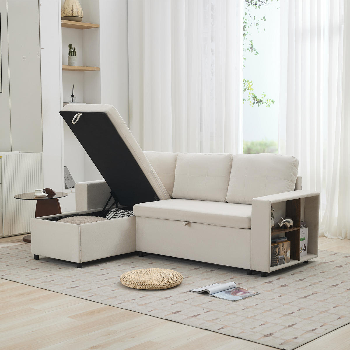 3-SITZER mit Stauraum, wechselbarer Chaiselongue und Chenille in Beige - Beige, Textil (202/85/136cm) - EVRYAE