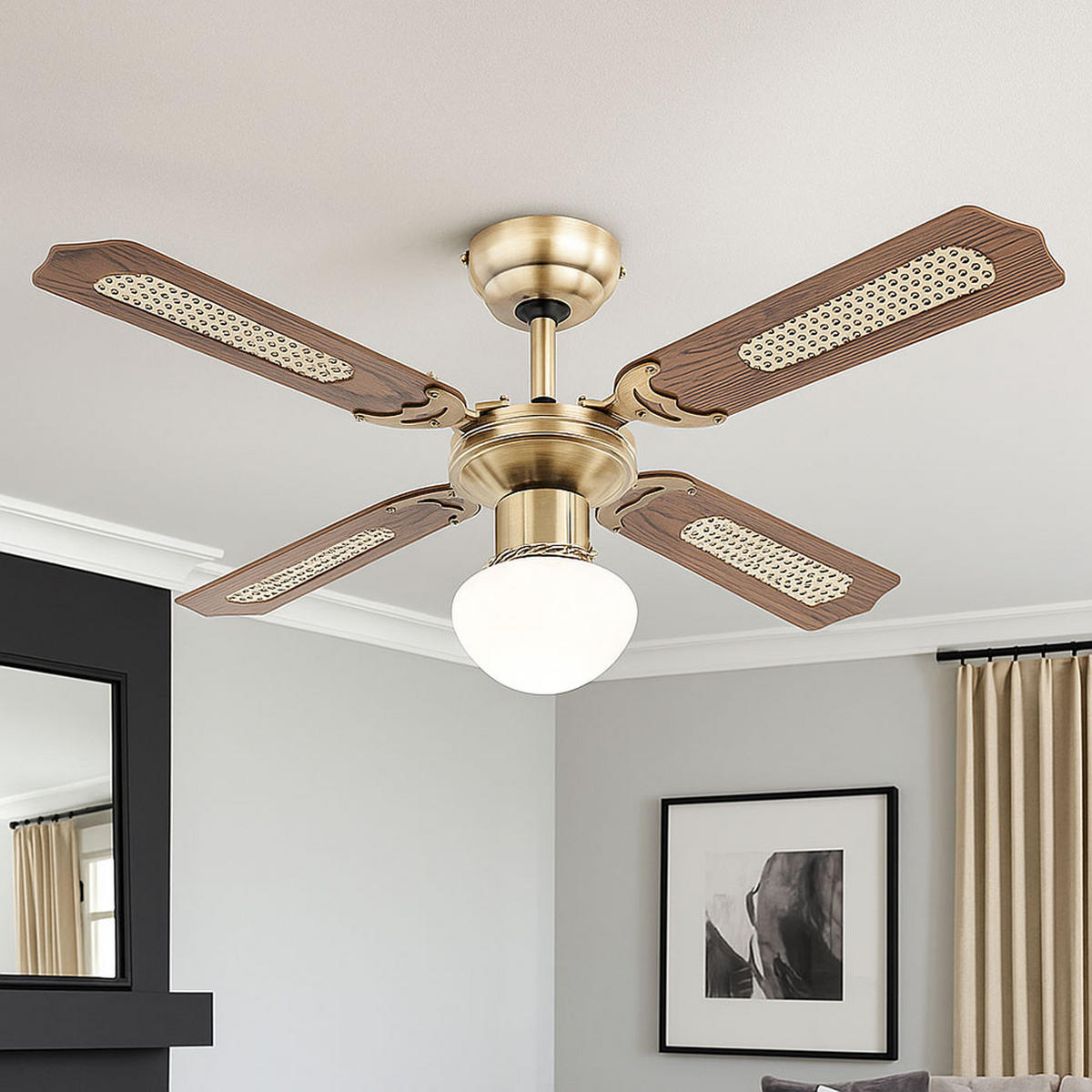 LED DECKENVENTILATOR Messing Opal - Messingfarben, Glas (106.6/52/41.5cm) - Globo Lighting