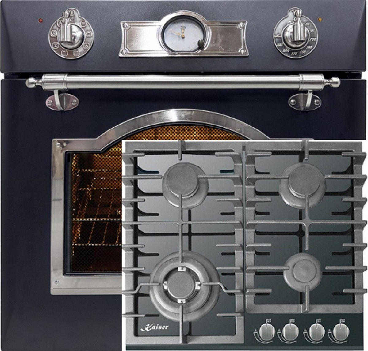 BACKOFEN-SET Elektro Einbau Backofen 60 cm EH 6355 Em Sil+KCG 6383 Gaskochfeld 60 cm - Schwarz, Metall (59.4/59.4/56.6cm) - Kaiser Küchengeräte