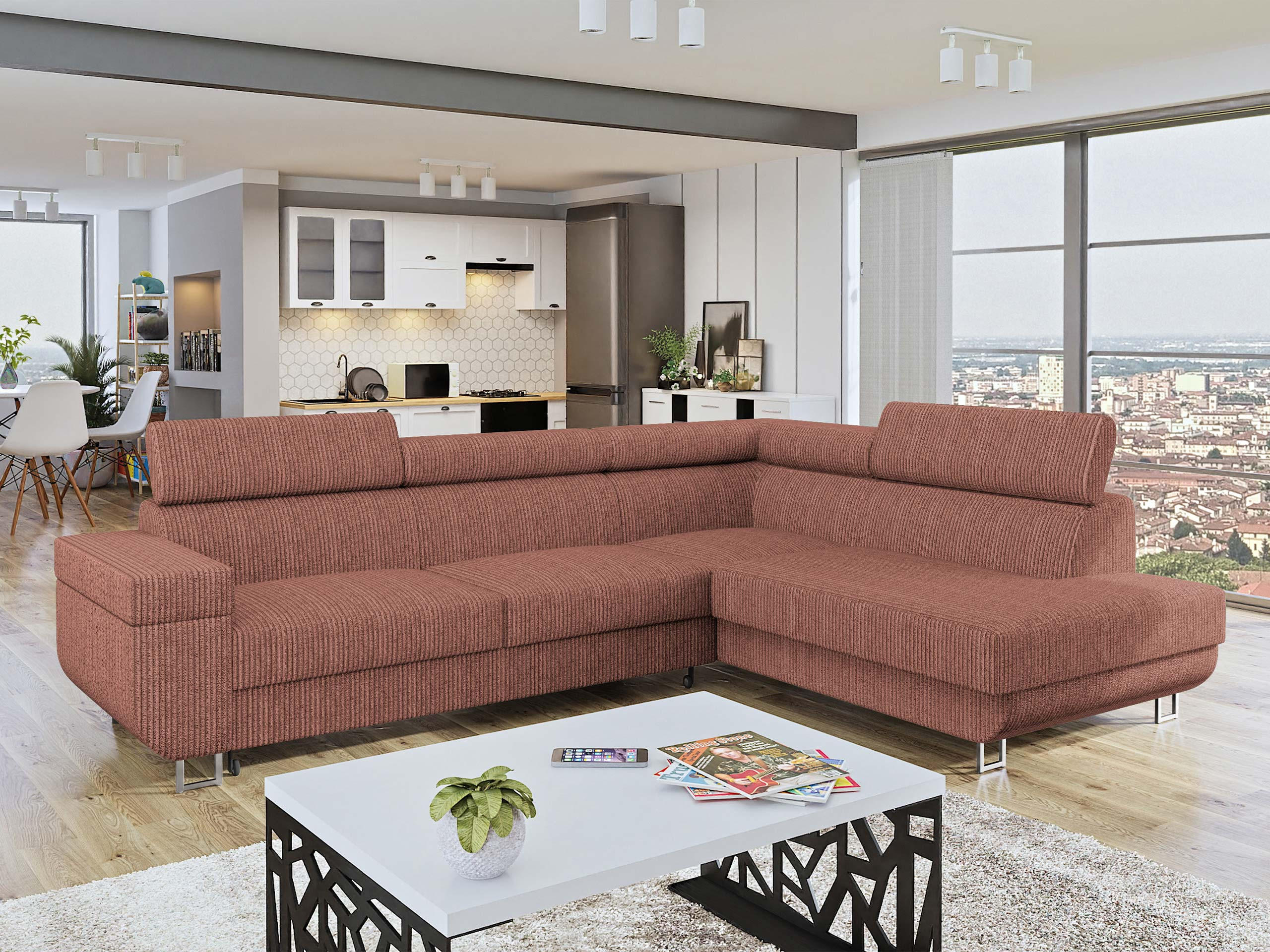 ECKSOFA Fonti Cord, Seite: Rechts - Rosa, Holz/Textil (253/188cm) - MIRJAN24