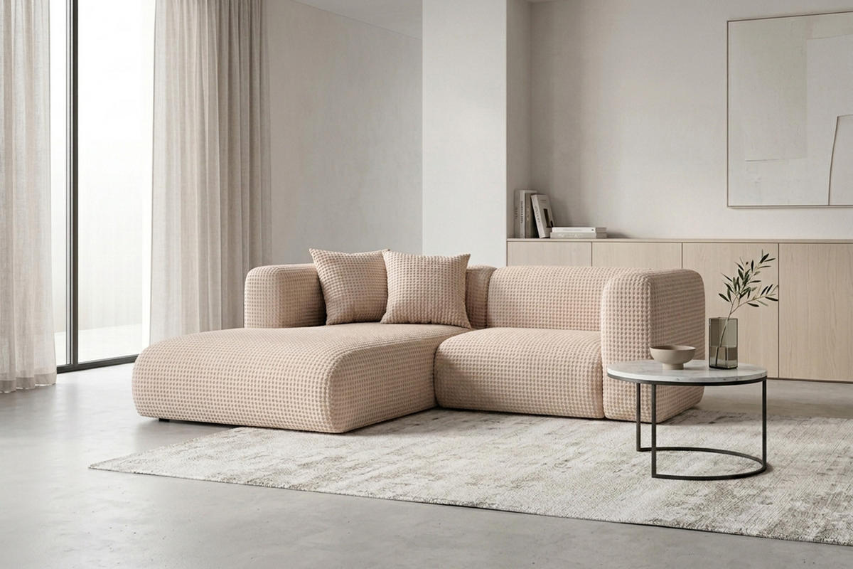 ECKSOFA L-Form mini, Chenille-Stoff Cremona, Creme, Links, GRETA - Creme, Holz (226/179cm) - Kaiser Möbel