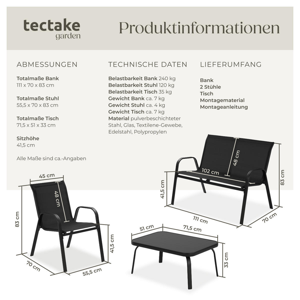 SITZGRUPPE Nora,mit getönter Sicherheitsglasplatte,schwarz - Schwarz, Naturmaterialien/Textil - tectake