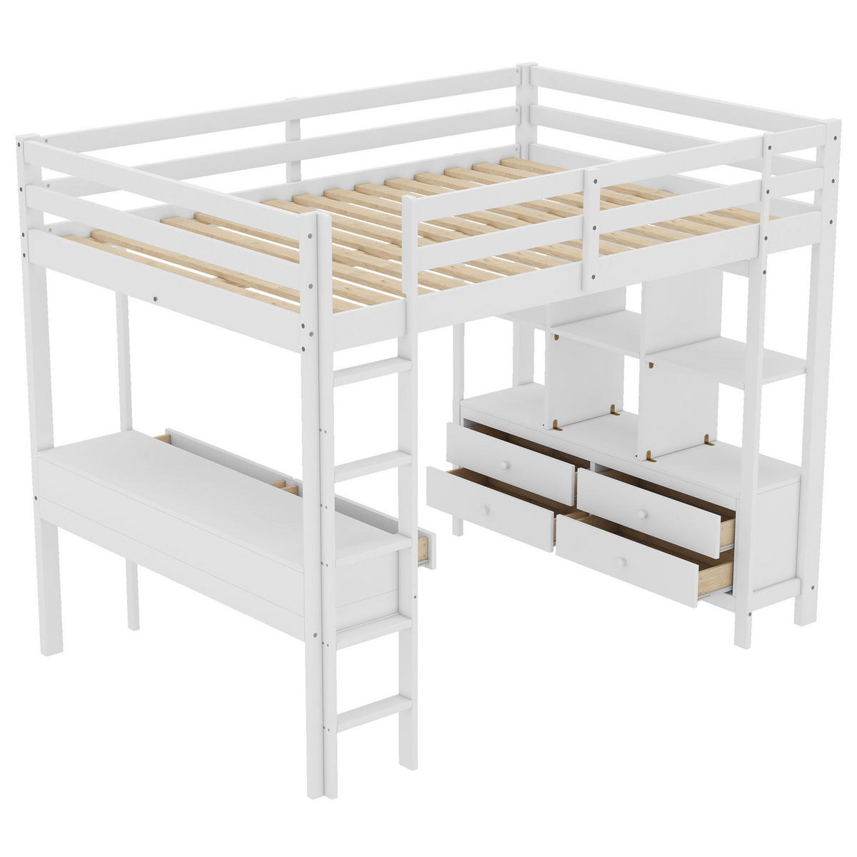 HOCHBETT 140/200 cm Kinderhochbett mit Stauraumschubladen und Unterbettschreibtisch Weiß - Weiß, Holz (140/200cm) - OKWISH