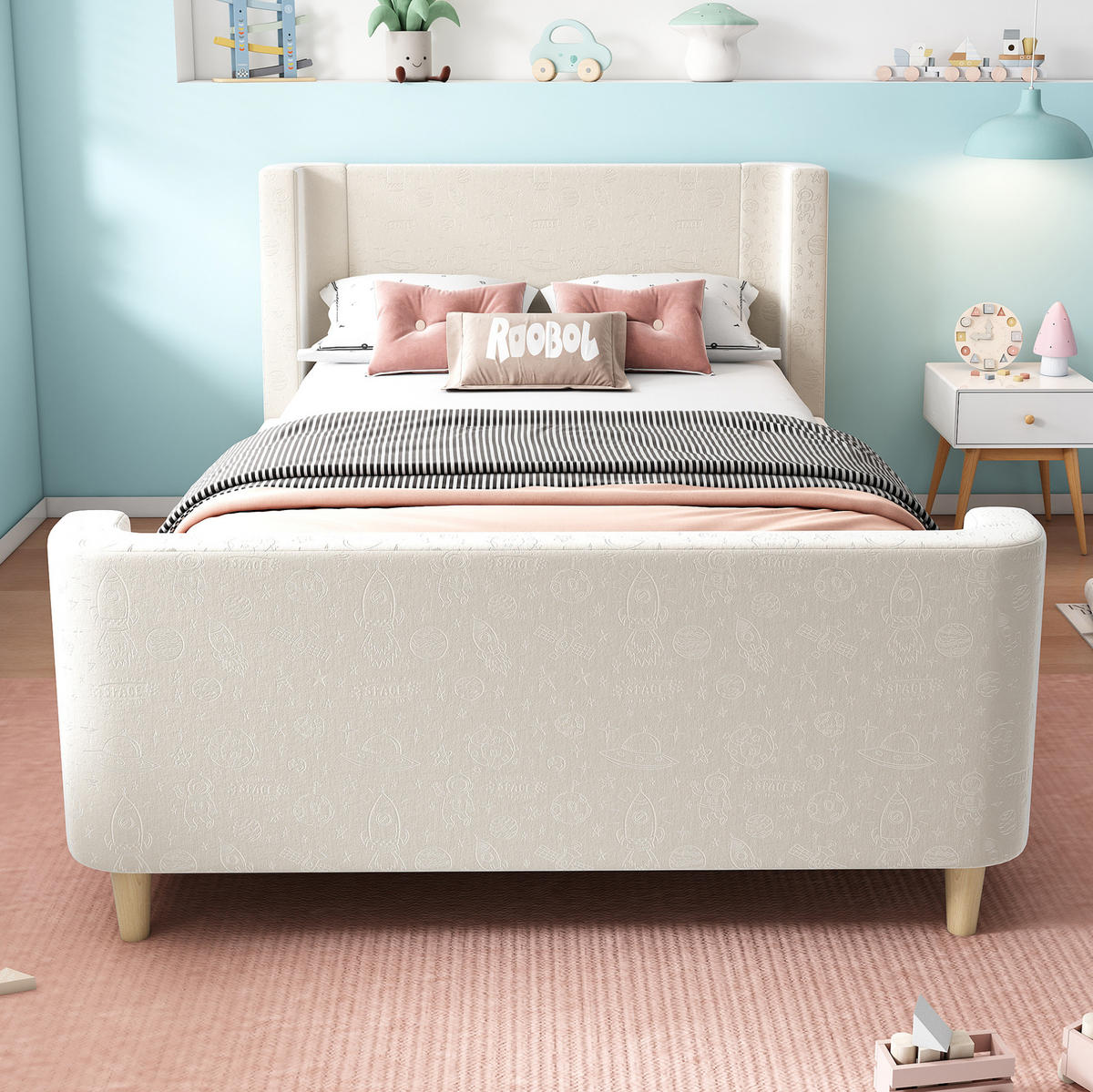 KINDERBETT 90/200 cm in Beige aus Samt mit Weltraummuster und Schlittenform - Beige, Textil (90/200cm) - Flora Grace